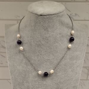 Amethyst And Pearl Silvertone Necklace